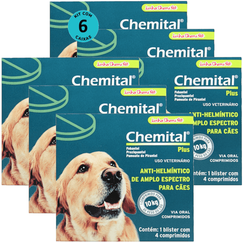 Chemital Plus Com 4 Comprimidos Chemitec Vermífugo Para Cães Kit Com 6 Cx